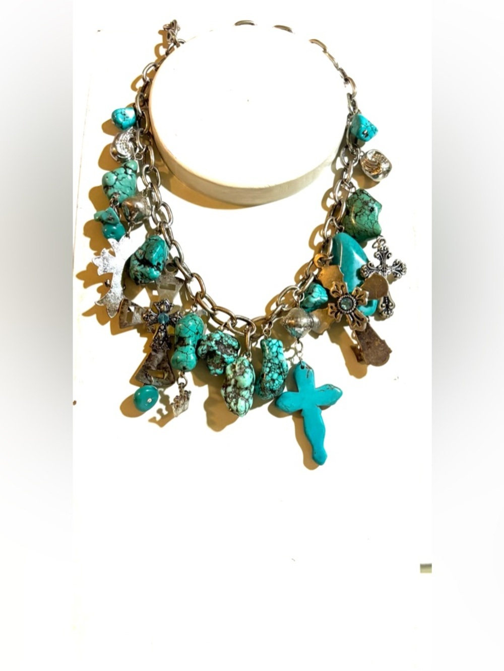 Turquoise Charm Cross Statement Necklace - Women Jewelry